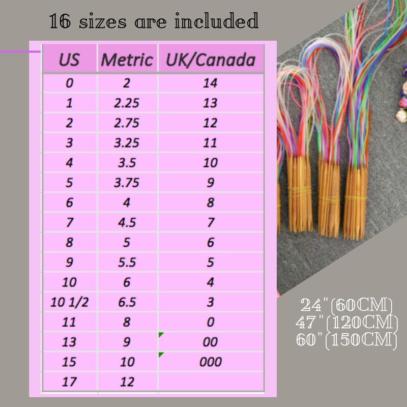 KnitPal 60 Inch (150cm) Bamboo Circular Knitting Needles Set - 16 Pairs, Sizes: US 0-17 (2mm-12mm) - Circular Knitting Needles with Pouch & eBook - Free Patterns - Image 2